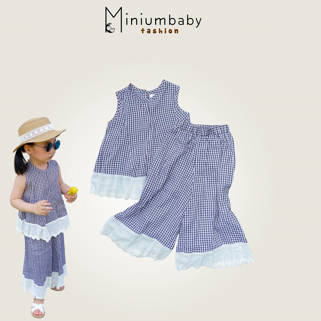 Bộ quần áo ren thêu kẻ caro sát nách cho bé gái MINIUMBABY mềm mát mặc mùa hè - SB1001