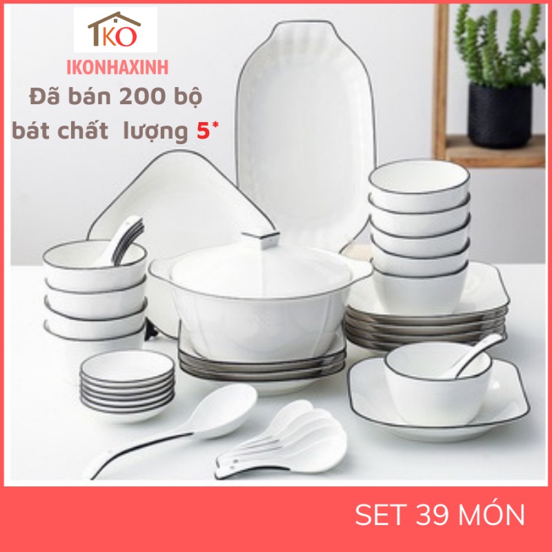 Bộ bát đĩa sứ trắng viền đen cao cấp phong cách Bắc Âu 39-10 món