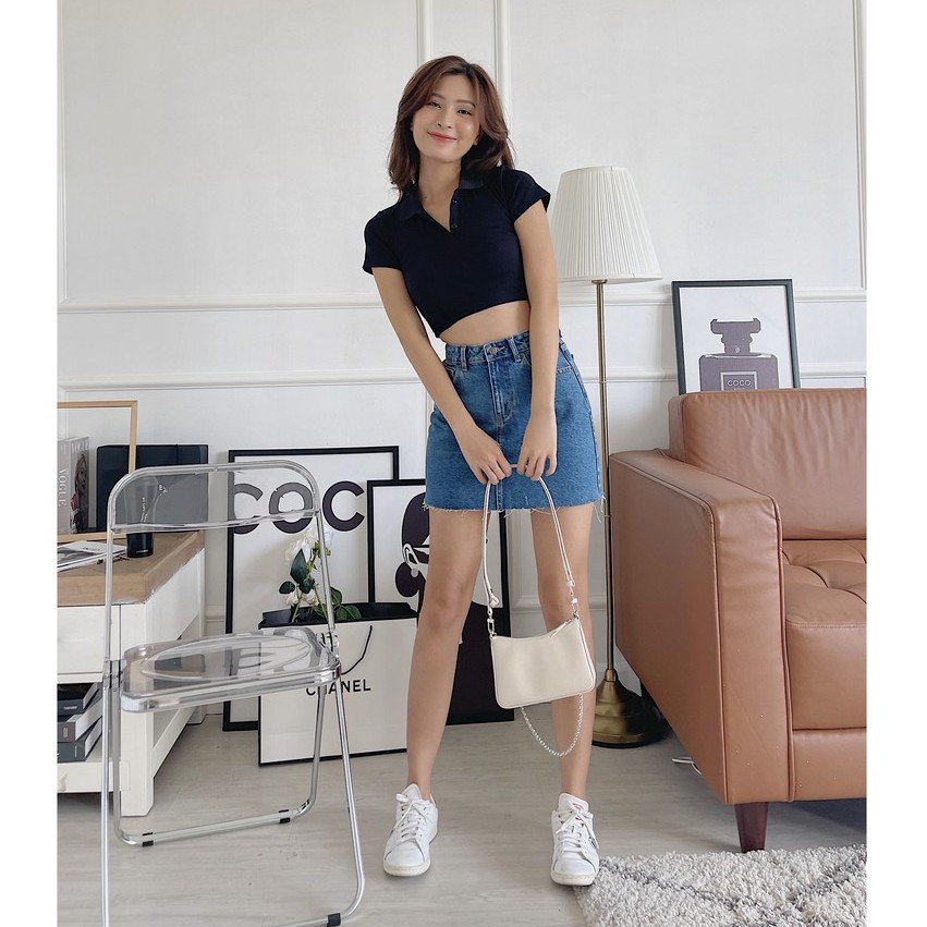 Áo croptop thun HEYBEE có cổ siêu co giãn, màu xanh chấm bi dễ thương - RAINA CROPTOP HT673