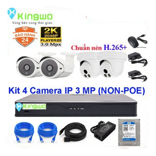 Bộ KIT 4 camera IP 3.0MP KingWo (NON-POE)Có ổ cứng 500G,mắt KIM LOẠI chống nước-Bảo hành 2 năm 1 đổi 1-Tặng 40m dây mạng