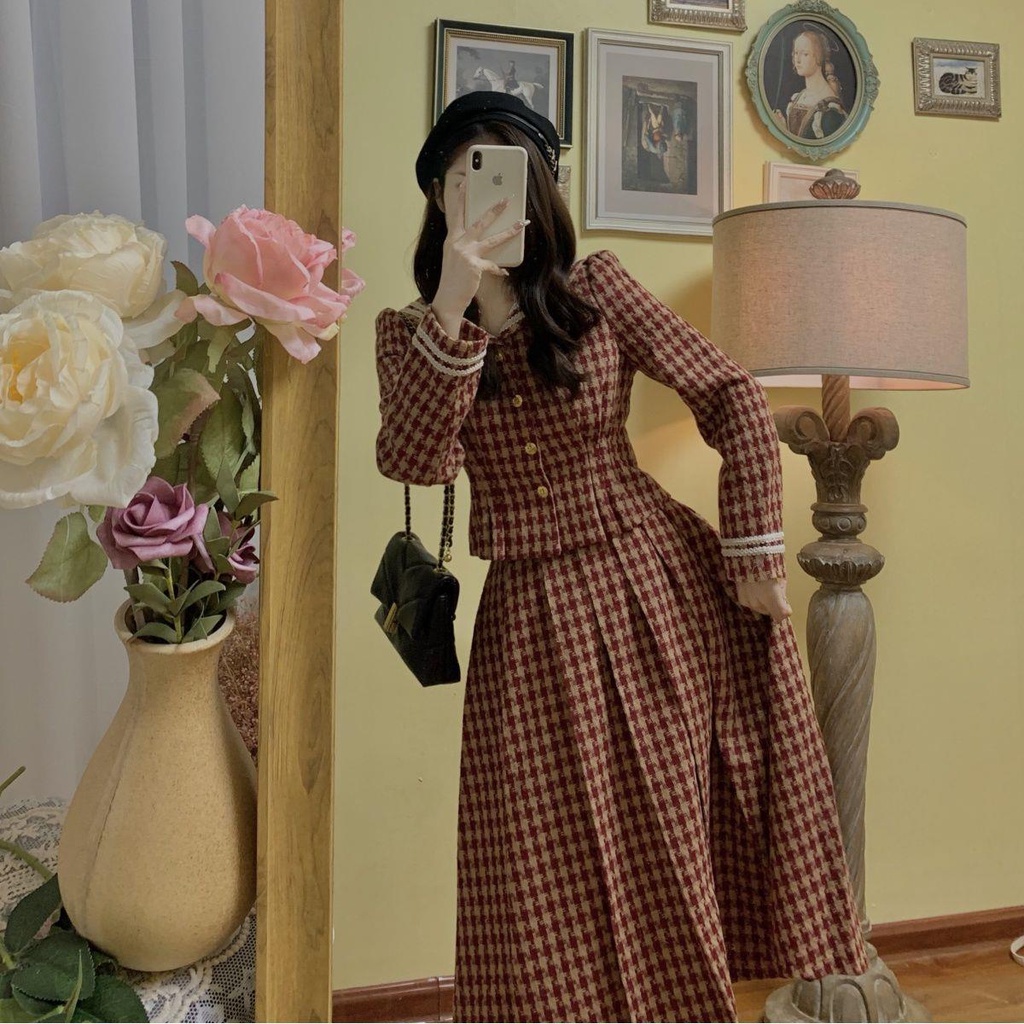 Bộ Áo Khoác + Chân Váy Xếp Ly Lưng Cao Sọc Ca Rô Thời Trang Giáng Sinh / Năm Mới Cho Nữ sm