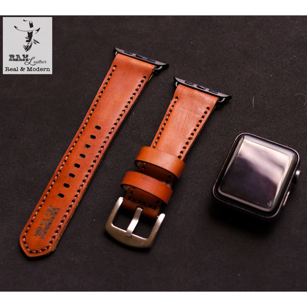 Dây apple watch da bò thật nâu đỏ handmade bền chắc cực đẹp RAM Leather bauhaus 1980 - tặng khóa chốt và adapter