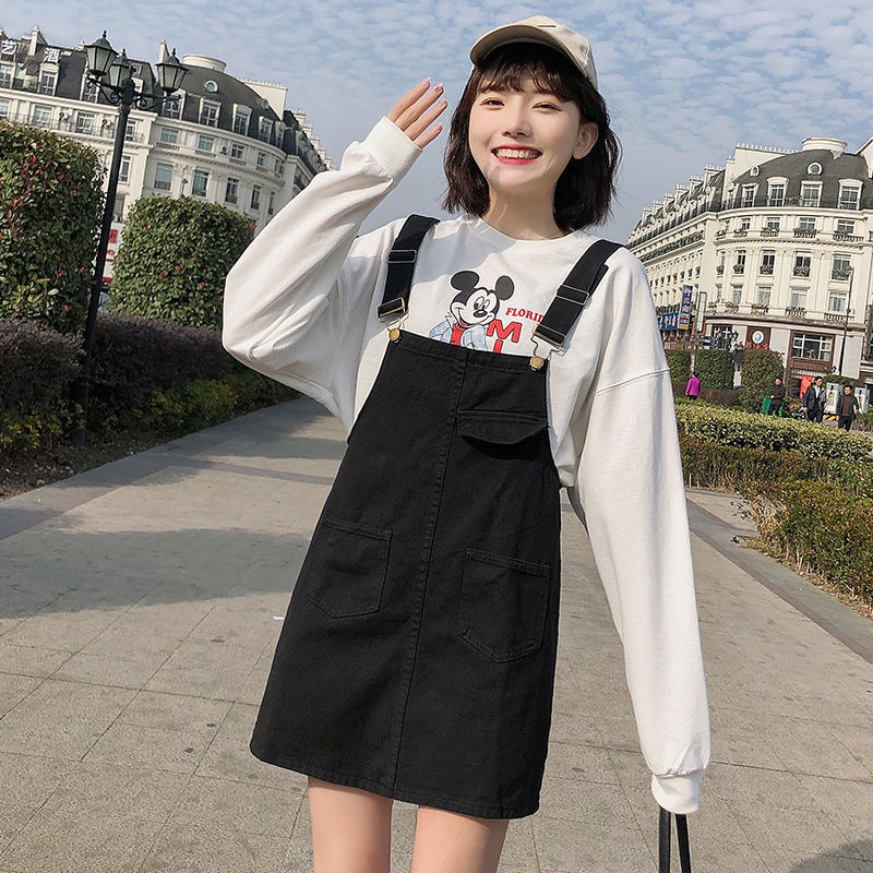 Đầm Yếm Denim Đen Dáng Rộng Phong Cách Hàn Quốc Thời Trang Xuân Hè Cho Nữ