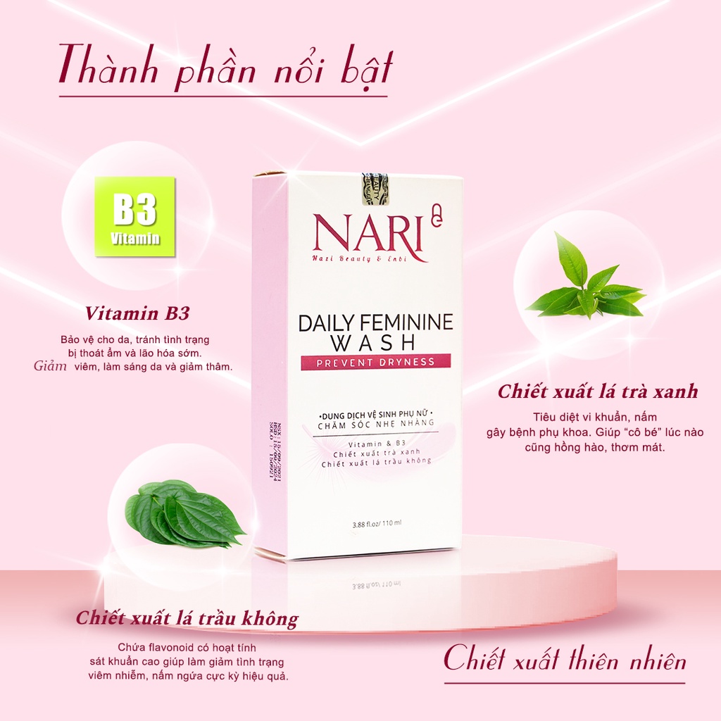 Dung dịch vệ sinh phụ nữ giảm ngứa Nano bạc hà Nari hồng mịn se khít nhẹ nhàng khô thoáng thơm hương cả ngày lọ 110 ml