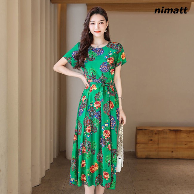 Women  Dress Crew-neck Short-sleeved Plus Size Bowknot Printed Waist-slimming Flower Skirt Long