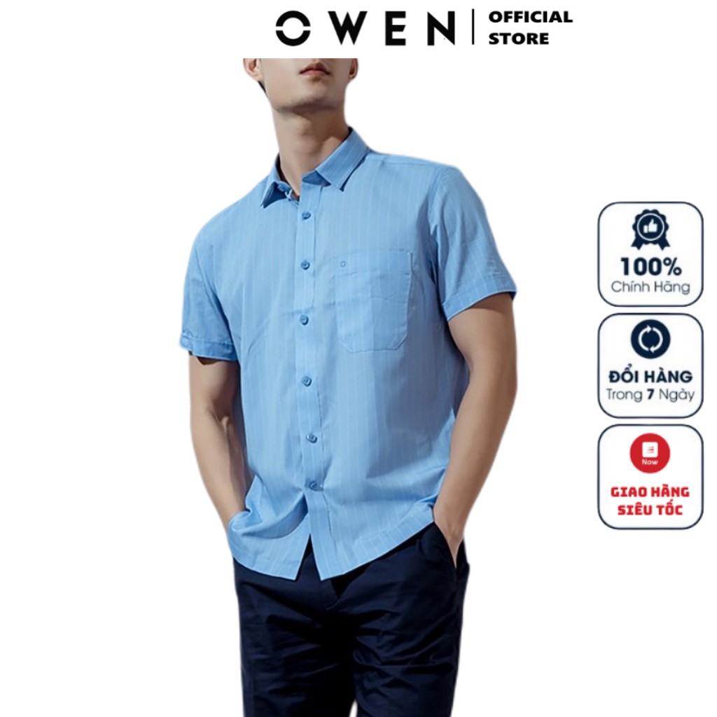 Áo Sơ Mi Nam Ngắn Tay Owen BA20629NT Somi Cộc Tay Công Sở Cao Cấp Màu Xanh Kẻ Sọc Trắng Sợi Tre Dáng Body Fit Tà Bằng