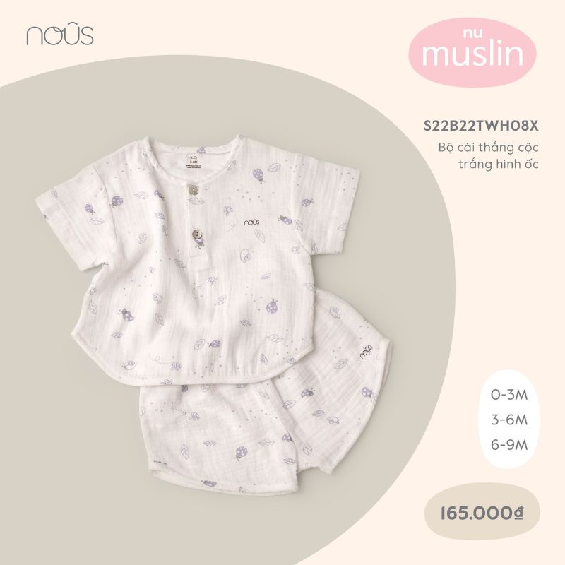 Bộ Quần Áo Cộc Cài Thẳng Nous Màu Trắng Hình Ong Nhỏ- Cho Bé Gái-Chất Liệu Nu Muslin (Size Từ 0-3 Tháng Đến 6-9 Tháng)