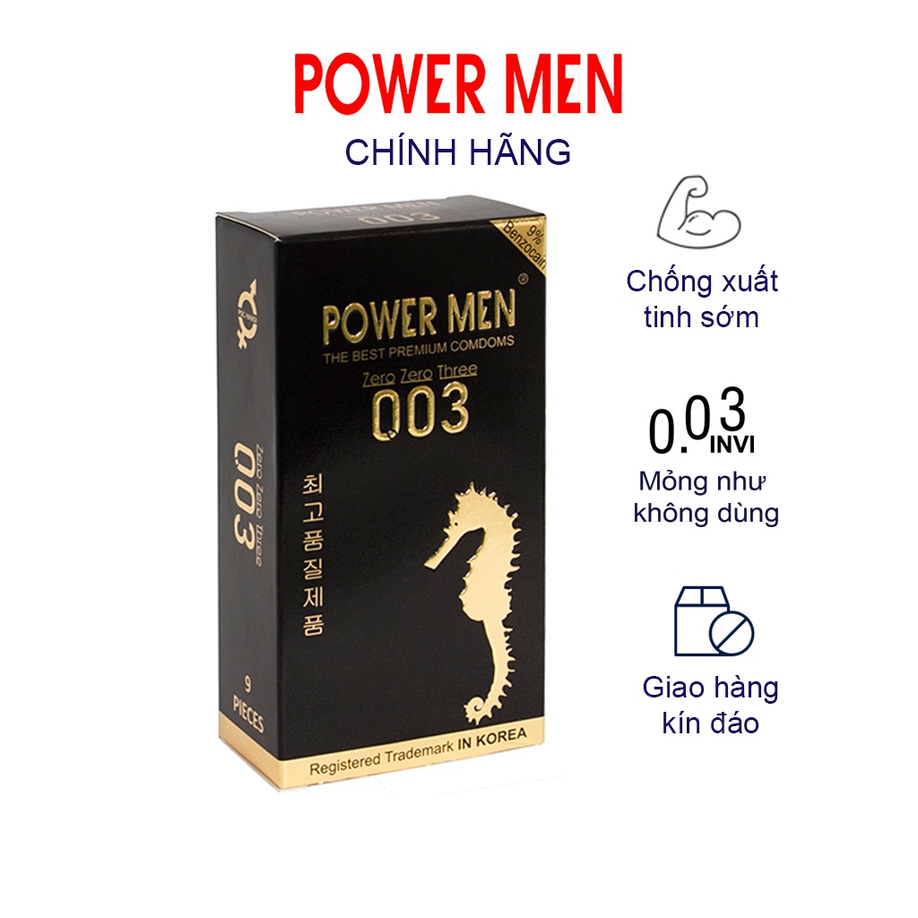 Bao cao su siêu mỏng POWER MEN Điệp Viên Tàng Hình 0.03, chống xuất tinh sớm, kéo dài thời gian Hộp 9 chiếc