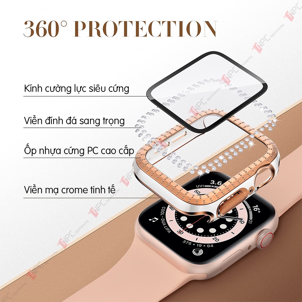 [2 viền đá mạ Crom] Ốp Kính Cường Lực Đính Đá Mạ Crom dành cho AW Series 7 SE 6 5 4 kích cỡ 40mm 44mm 41mm 45mm