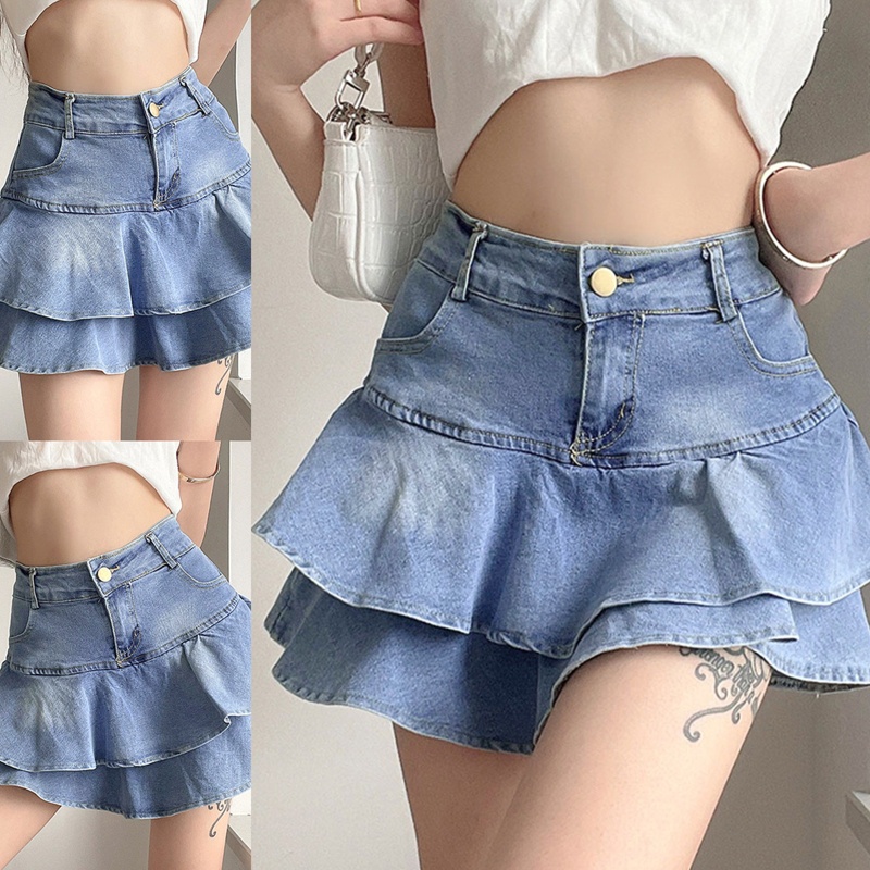 Chân Váy Jean Chữ A Xếp Tầng Lưng Cao Thời Trang