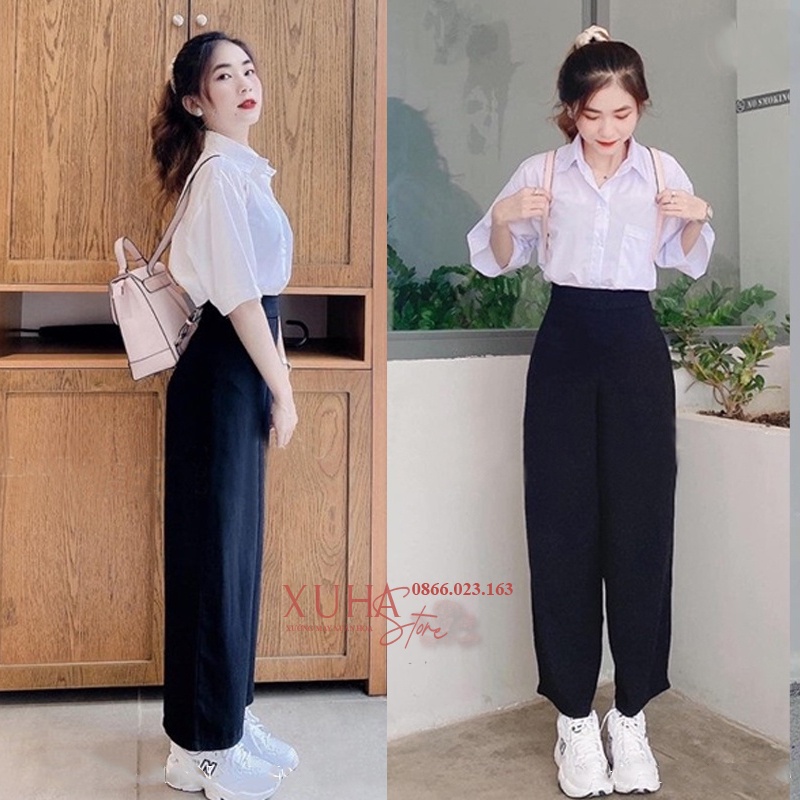 Quần tây nữ đi học ống rộng khóa sườn cạp lưng cao dáng quần vải ống rộng nữ suông dài dày đen học sinh đi làm công sở