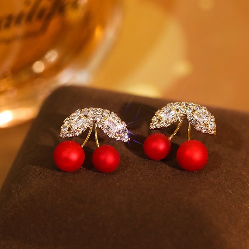 Khuyên tai JIUDUOLAN dạng kẹp/ xỏ mặt quả cherry đỏ đính đá zircon nhân tạo thời trang cao cấp dành cho nữ