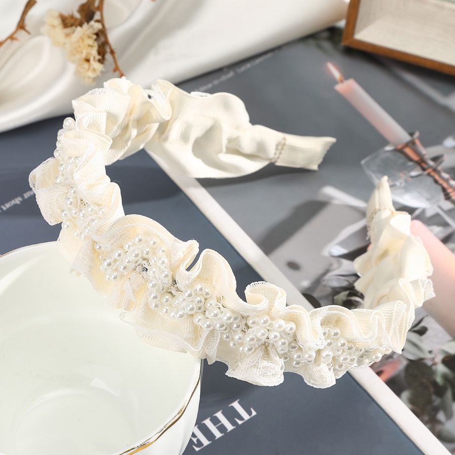 Cài tóc phối ren xếp ly đính ngọc trai giả phong cách Hàn Quốc thanh lịch cho nữ