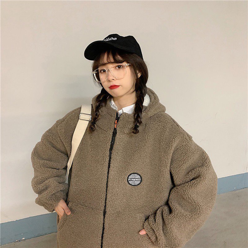 ÁO Hoodie NỮ  mũ khoá zip lông  thêu logo , form thụng unisex lên dáng cực xinh
