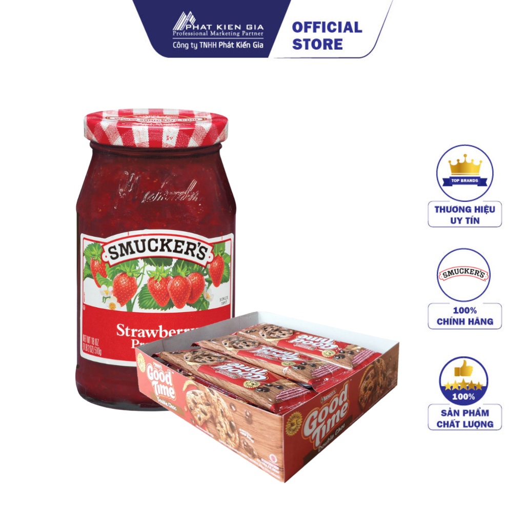 COMBO 1 Hộp Mứt Dâu Smucker's 340g + 1 Gói Bánh Quy Socola Arnott's GoodTime 16g x 12 thanh