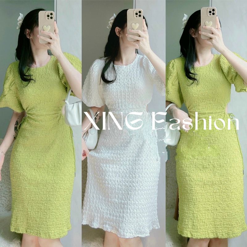 Đầm xốp body rút eo tay phồng 2 lớp