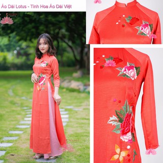 Áo dài truyền thống thêu hoa cao cấp đỏ cam hoa lớn - tt0208