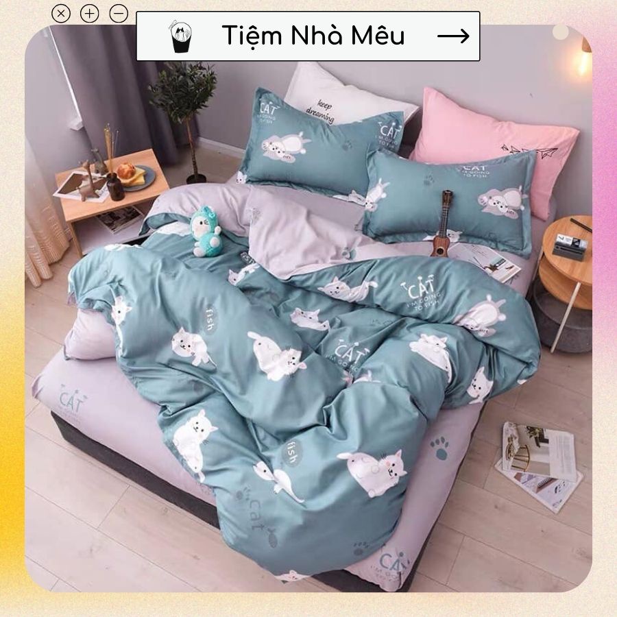 Bộ Vỏ Chăn Ga Gối Cotton 3D✨m6/m8/2m -Tiệm Nhà Mêu✨Set 4 Món Cotton 80% Mèo Xanh Đáng Yêu Cao Cấp Nhập Khẩu