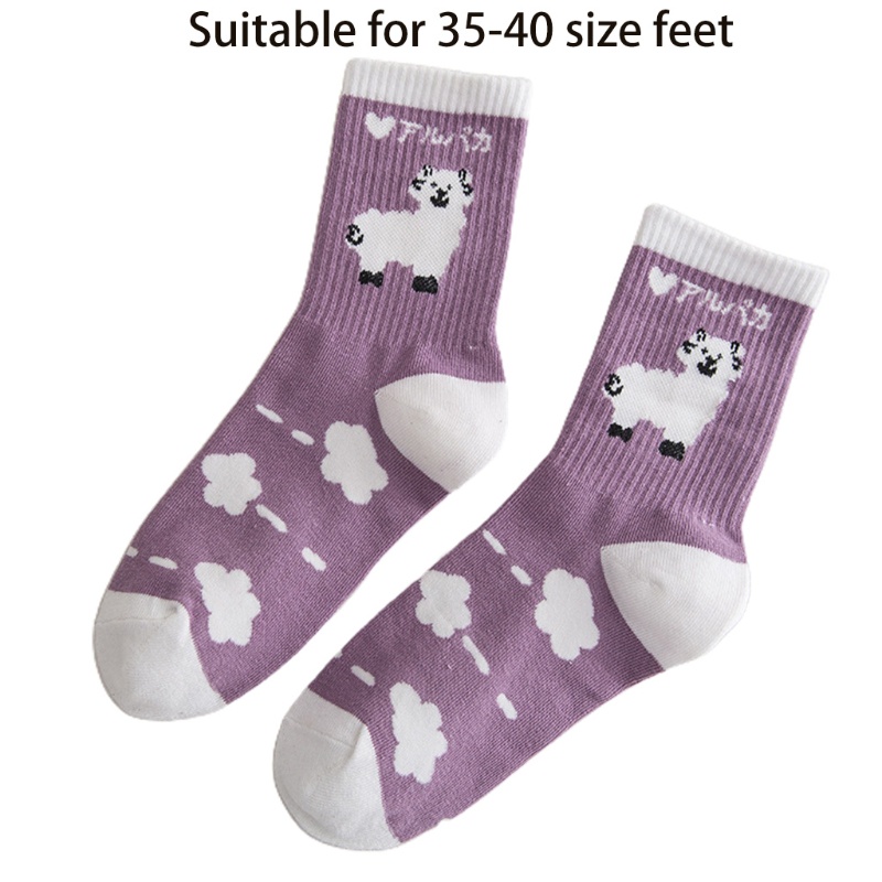 Vớ Cotton Họa Tiết Sọc Tím / Trắng In Hình Chú Cừu Hoạt Hình Dễ Thương Cho Nữ