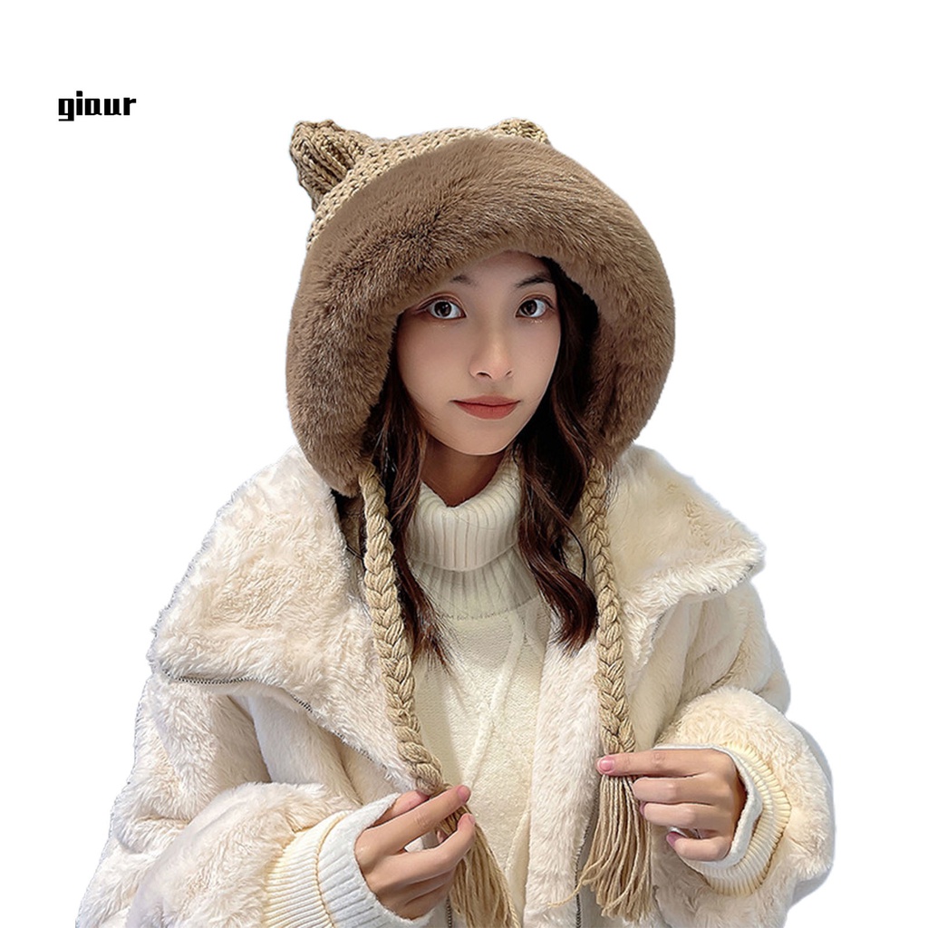 Mũ beanie dệt kim co giãn phối tai mèo dễ thương thời trang thu đông tùy chọn màu sắc