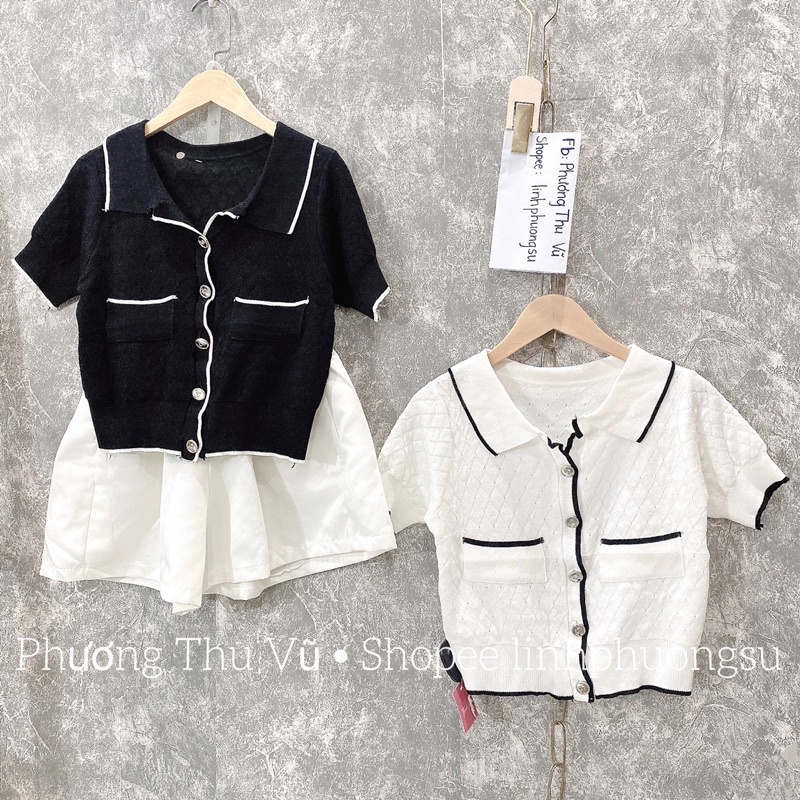 Áo len cộc tay phối viền khuy đồng crotop - ảnh thật kèm Clip