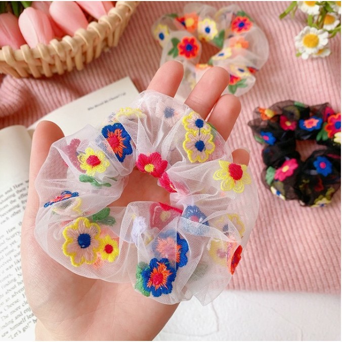 Cột Tóc Scrunchies Hoa-Voan lưới Mềm Mại