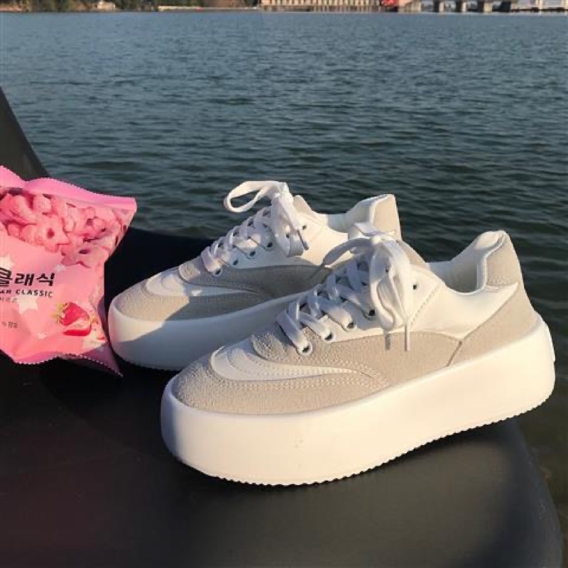 Giày thể thao nữ trắng xám đế bánh mì êm chân phong cách Ulzzang - Giày sneaker 2021( Video và ảnh thật)
