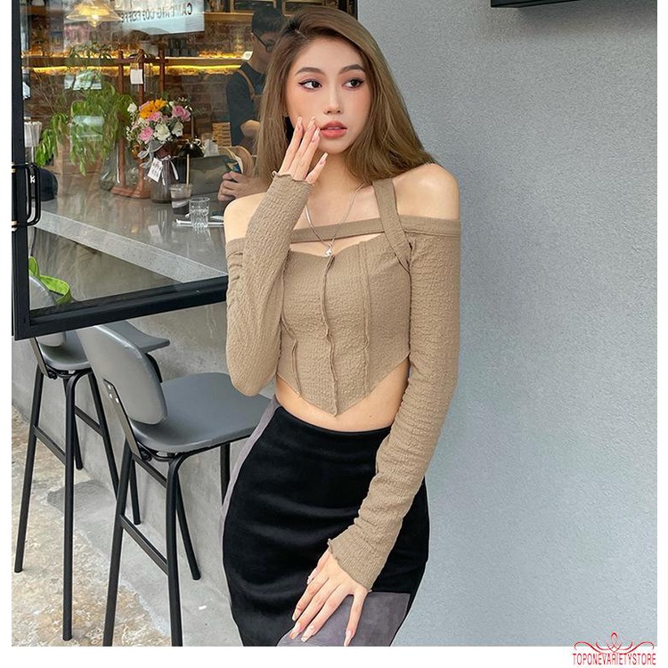 Áo thun tay dài màu trơn cổ thuyền hở rốn thời trang cho nữ