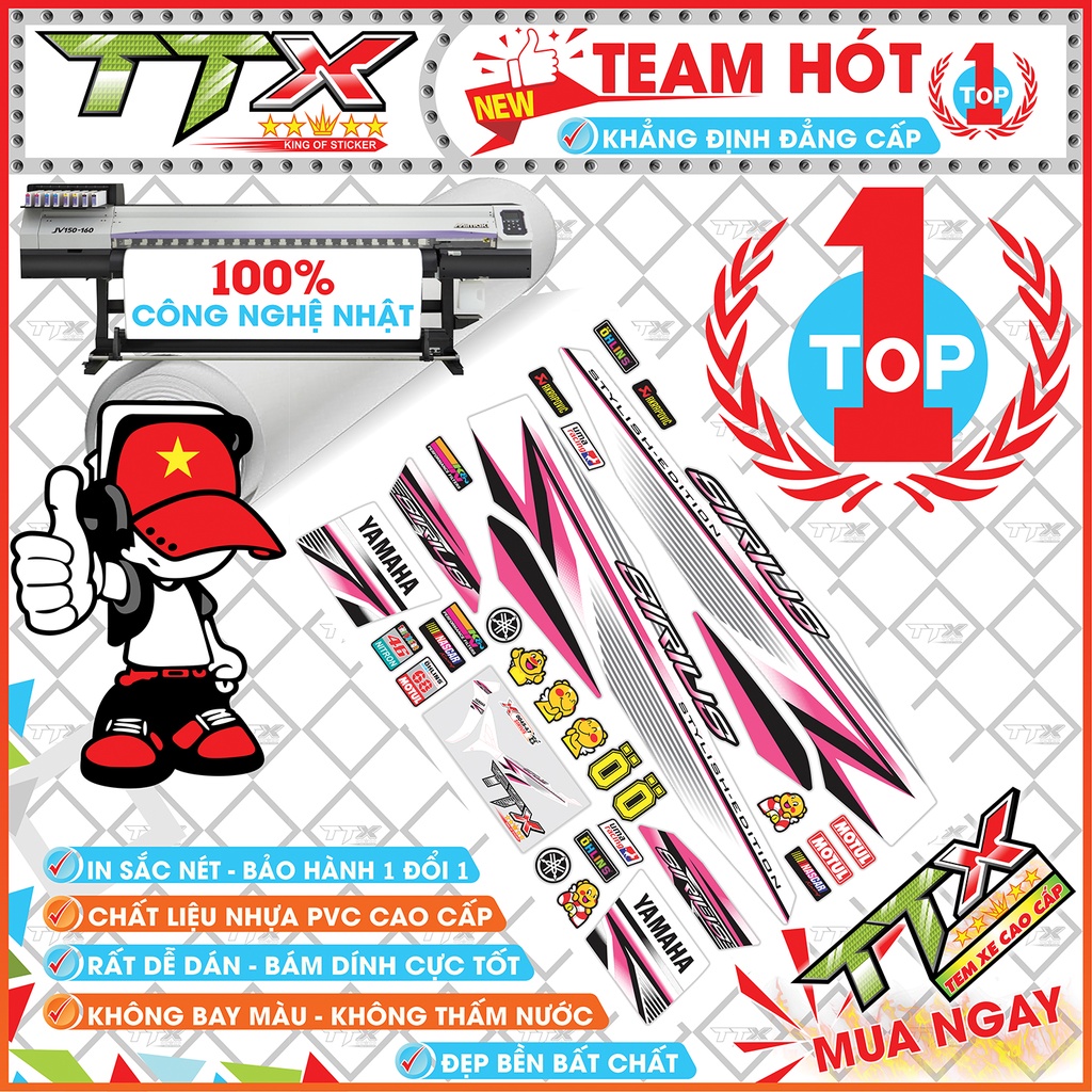 Tem rời sirius chỉ hồng , Team chế sirius dán xe màu trắng hồng siêu đẹp , Shop TTX Tem xe sirius mã