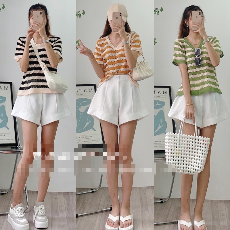 ÁO LEN LƯỚI KẺ SỌC NGANG CHO NỮ, ÁO LEN KẺ CỘC TAY