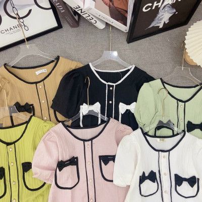 Áo kiểu nữ cô tròn phối nơ 2 túi viền