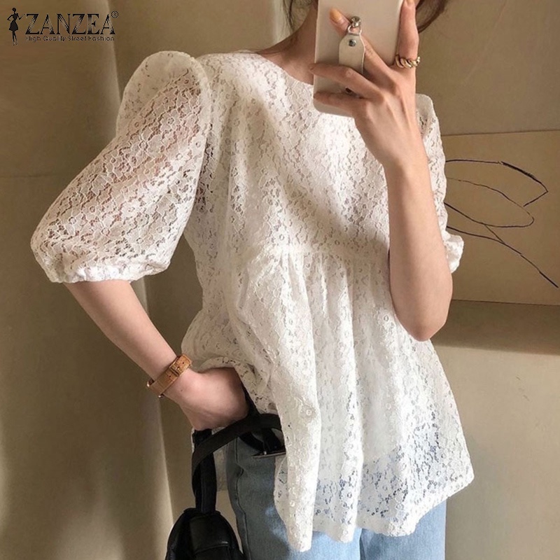 Áo nữ Zanzea tay phồng cổ chữ O phong cách Hàn Quốc thanh lịch