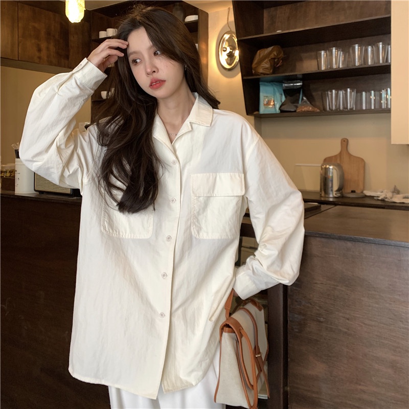 Áo Sơ Mi Trắng Tay Dài Dáng Rộng Cổ Bẻ Thời Trang Mùa Hè Cho Nữ