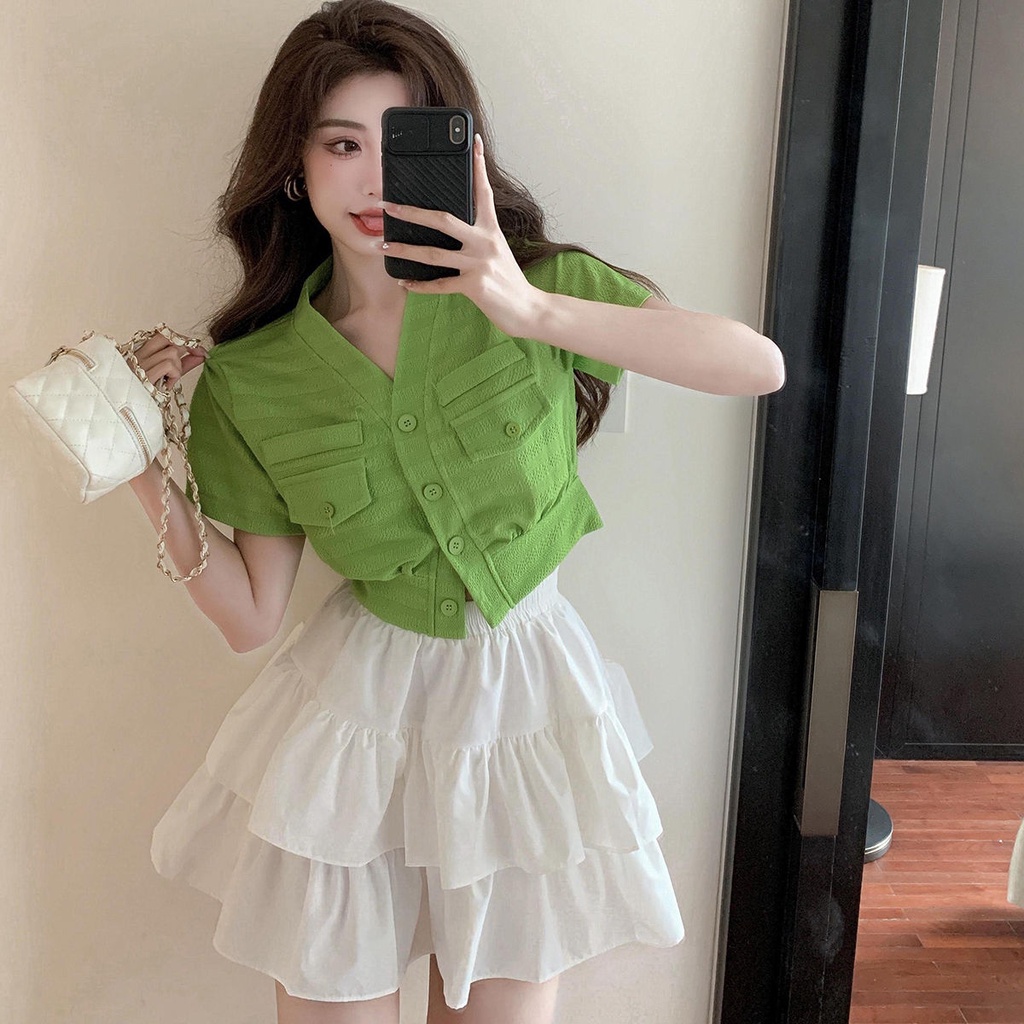 Jiashucheng Bộ Áo Tay Phồng Cổ Chữ V Trễ Vai + Chân Váy Xếp Tầng Lưng Cao Thời Trang Cho Nữ