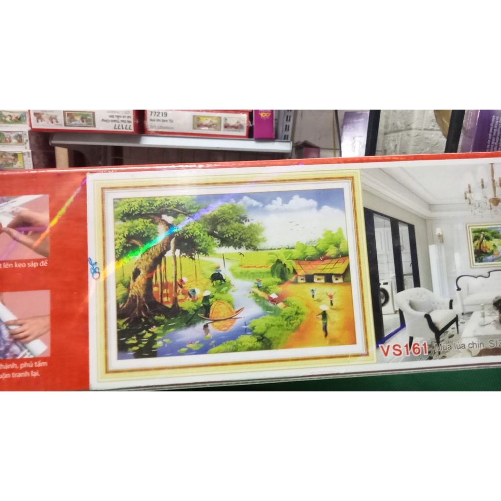 Tranh đính đá đồng quê KT:100x60cm,tranh gắn đá chưa gắn.
