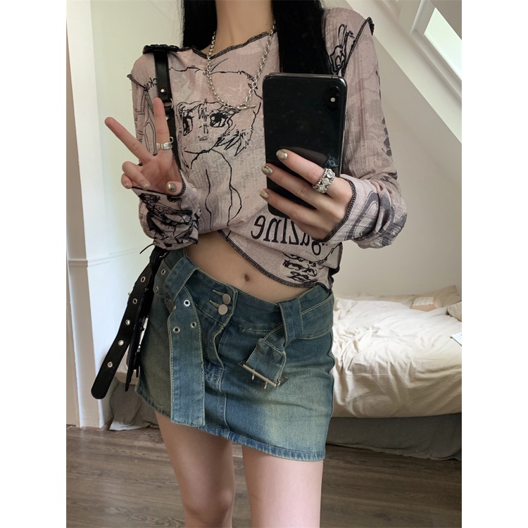 QKOOLE Áo thun dài tay cổ tròn in họa tiết phong cách cổ điển Hàn Quốc cho nữ