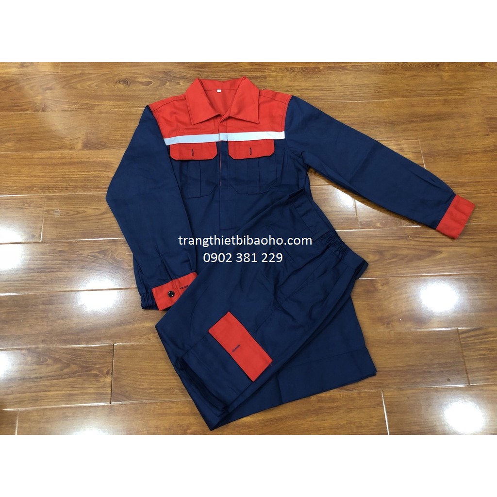 Quần áo bảo hộ vải kaki màu xanh đen phối đỏ quần túi hộp DN14