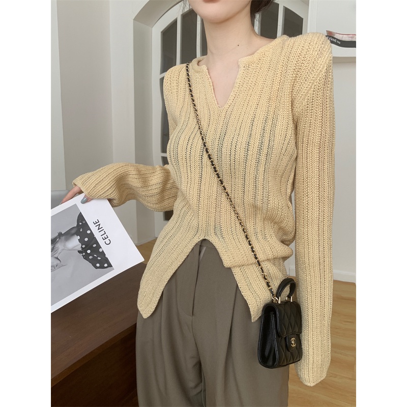 Áo Dệt Kim Tay Dài Cổ Chữ V Màu Trơn Thời Trang Mùa Thu Phong Cách Hàn Quốc