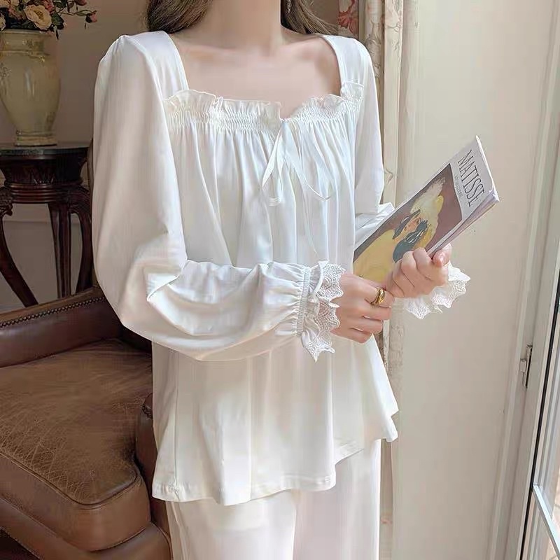 Bộ đồ ngủ nữ tay dài màu trắng bo chun đính ren dễ thương | BigBuy360 - bigbuy360.vn