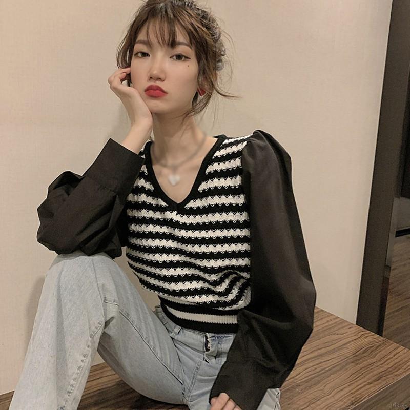 Áo Cotton Dệt Kim Tay Dài Cổ Chữ V Xinh Xắn Chất Lượng Dành Cho Nữ