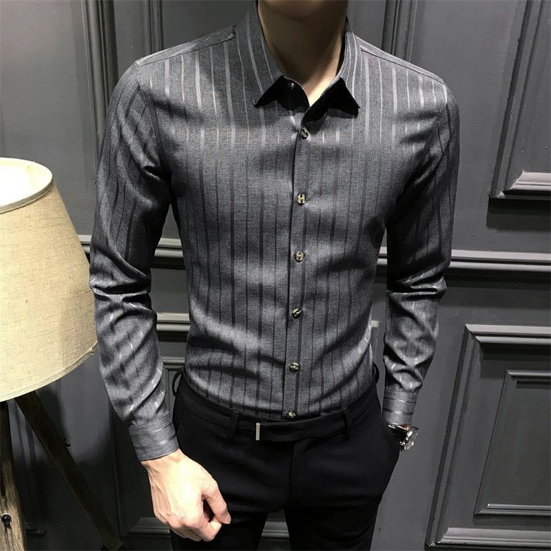 【Non-iron shirt】Men Formal Button Smart Casual Long Sleeve Slim Fit Suit Shirt Men's striped shirt Korean slim trend long sleeve shirt ruffian handsome business non iron white inch shirt casual Quarter Sleeve