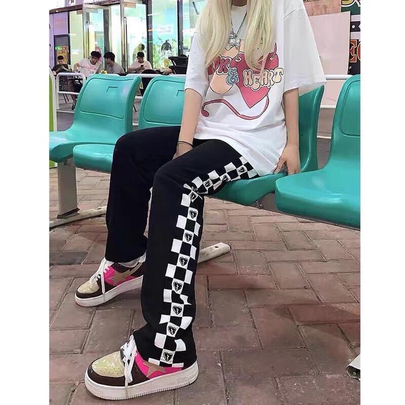 Quần jogger ống suông dây rút viền caro  - Long pant line unisex