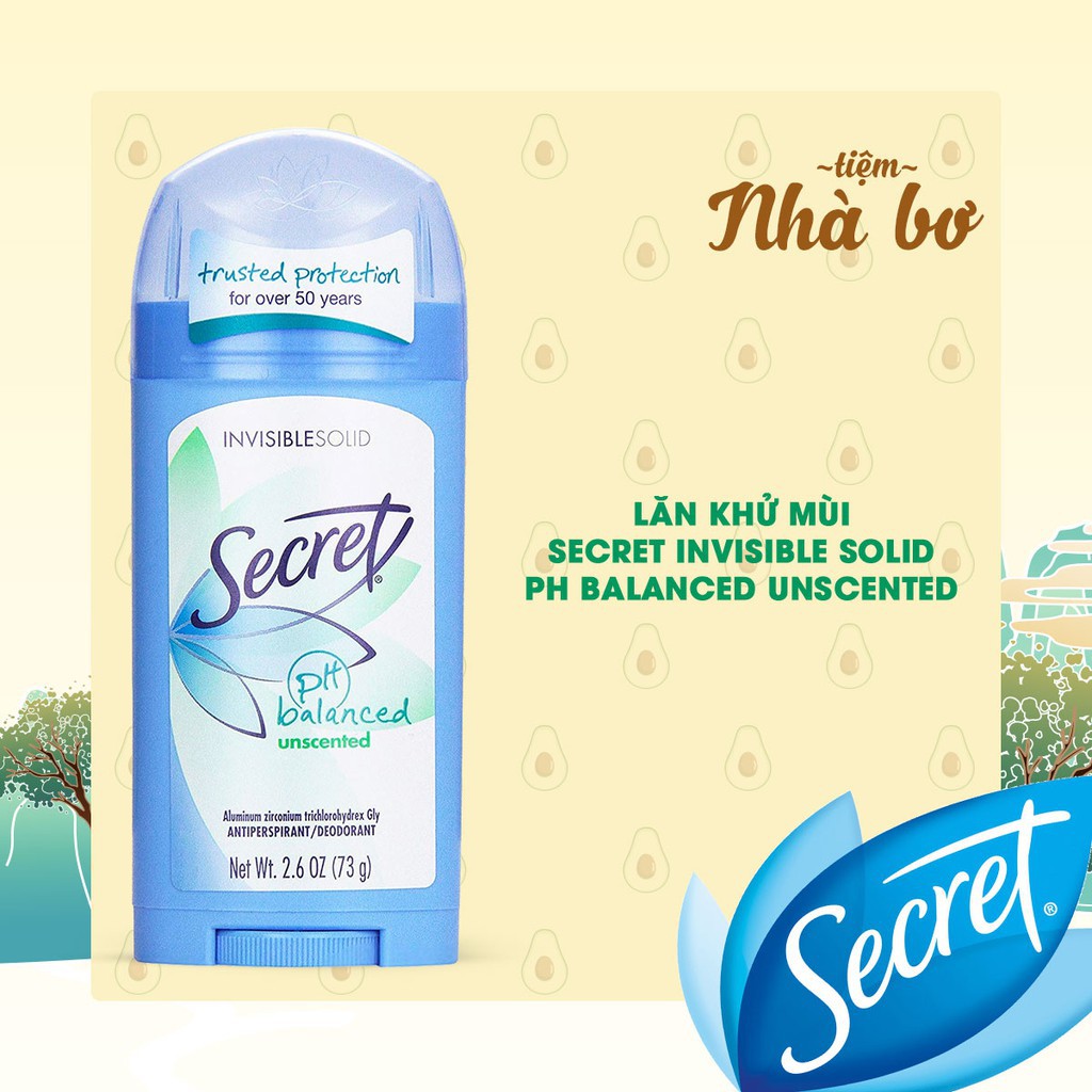 Lăn khử mùi sáp Secret PH Balanced Unscented Invisible Solid 73g