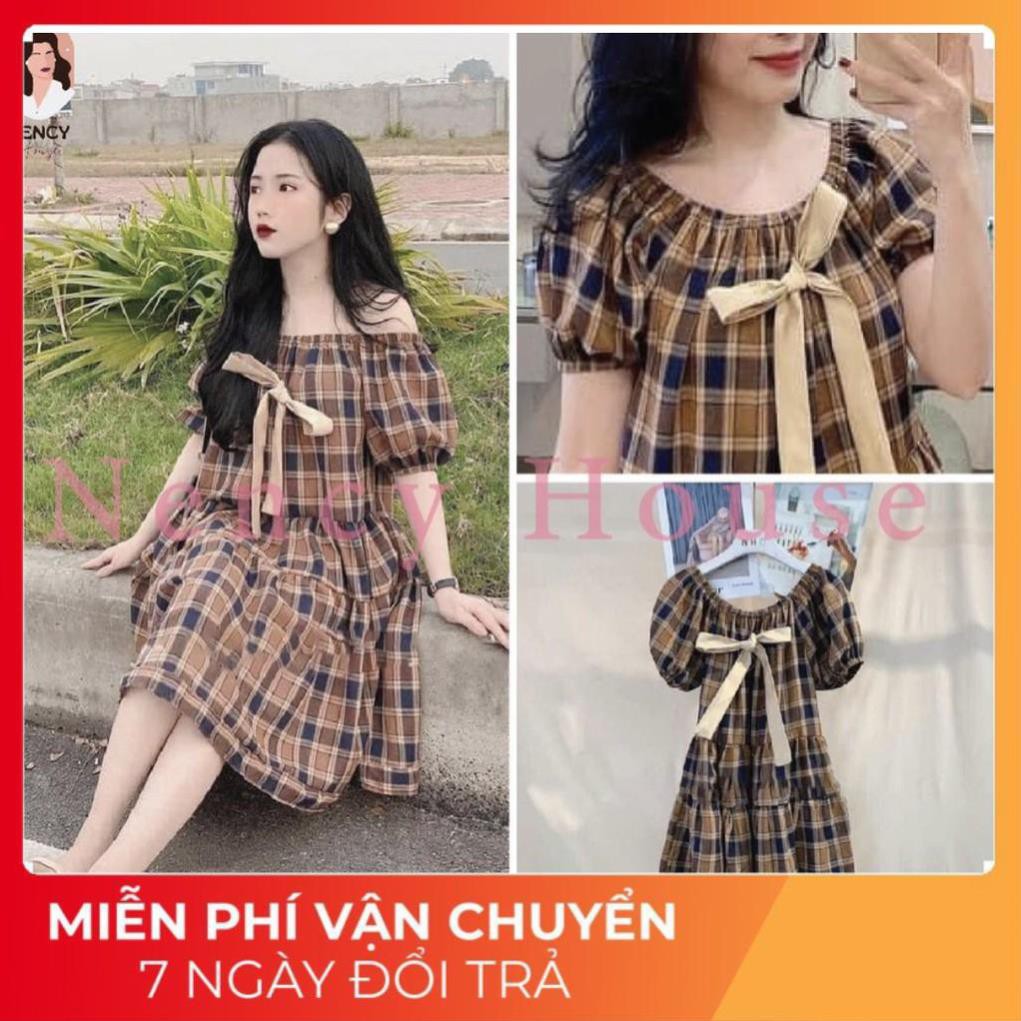 Váy kẻ caro xinh xắn💖FREESHIP💖 đầm trễ vai tiểu thư AD94