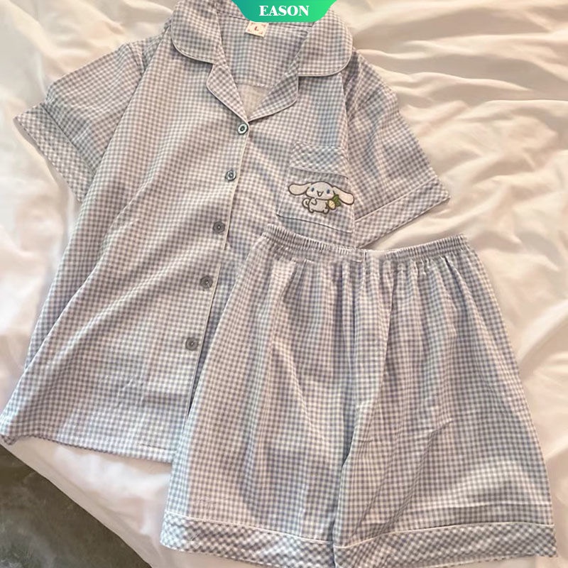 Bộ Đồ Ngủ Pijama Ngắn Tay Cổ Bẻ Họa Tiết Caro Phối Cục Bông pom pom Dễ Thương Dành Cho Nữ 2022
