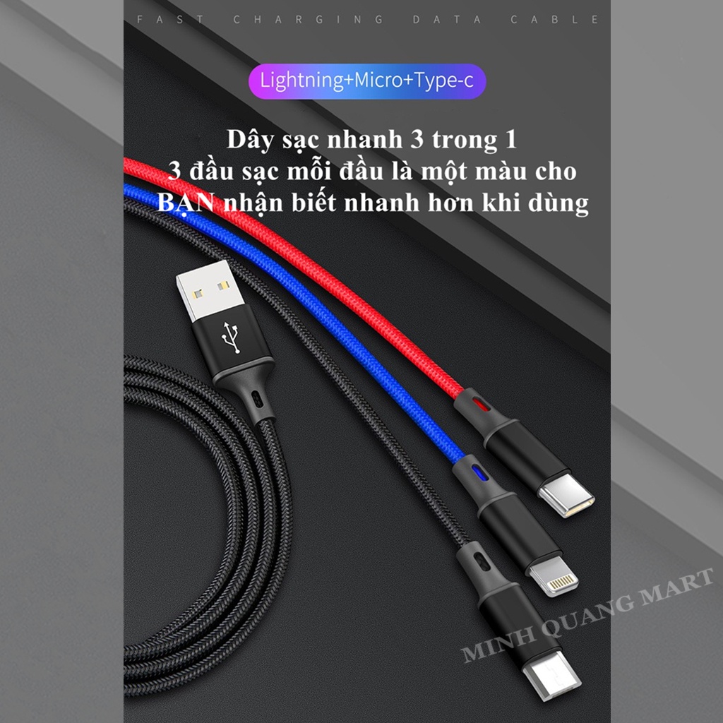 Dây Sạc Đa Năng 3A Hiệu Quả Cao Đáp Ứng Nhiều Yêu Cầu Sạc Iphone Lightning, Type C, Micro - Cáp Sạc Nhanh 3 Đầu