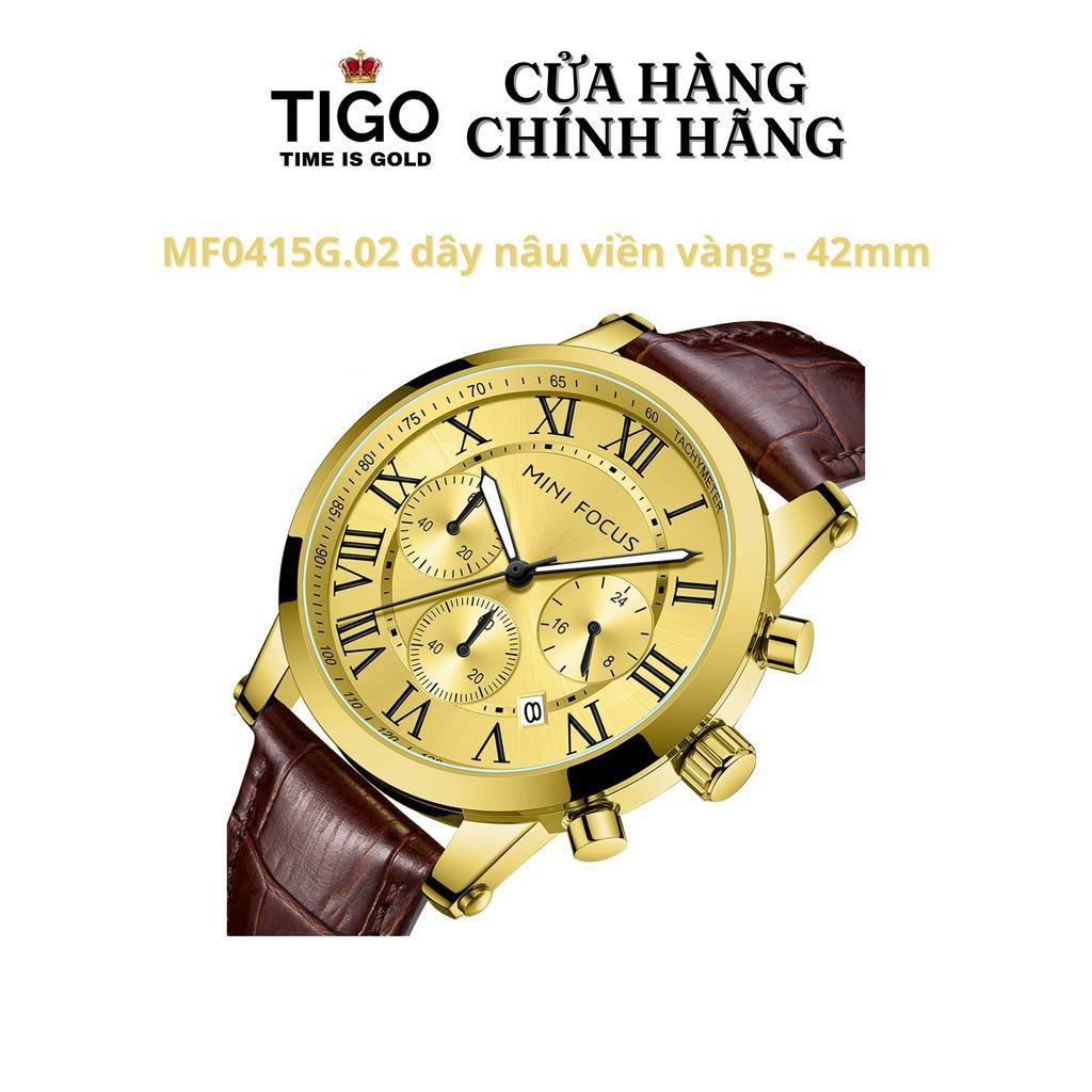 Đồng Hồ Nam MINI FOCUS MF0415G.02 Dây Da Nâu Mặt Vàng Thép Không Gỉ Cao Cấp Mặt Tròn Đường Kính 42mm Chống Nước