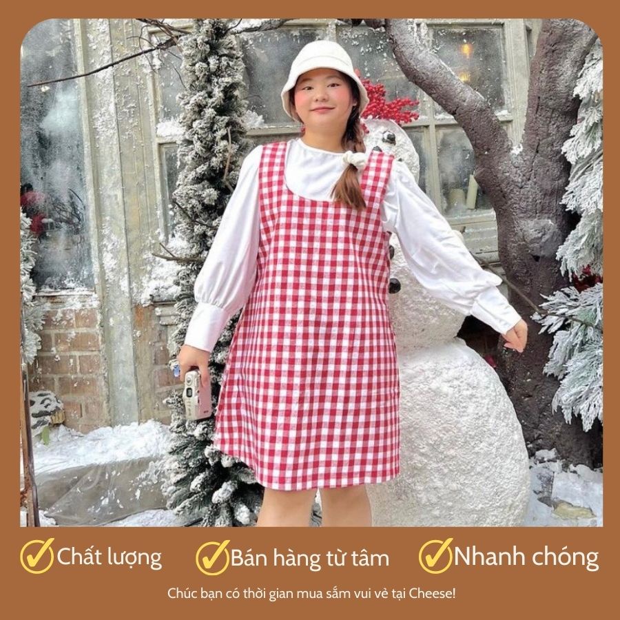 Set váy yếm thô kẻ caro dáng suông+áo sơ mi đũi mỏng đơn giản dành cho nữ Bigsize
