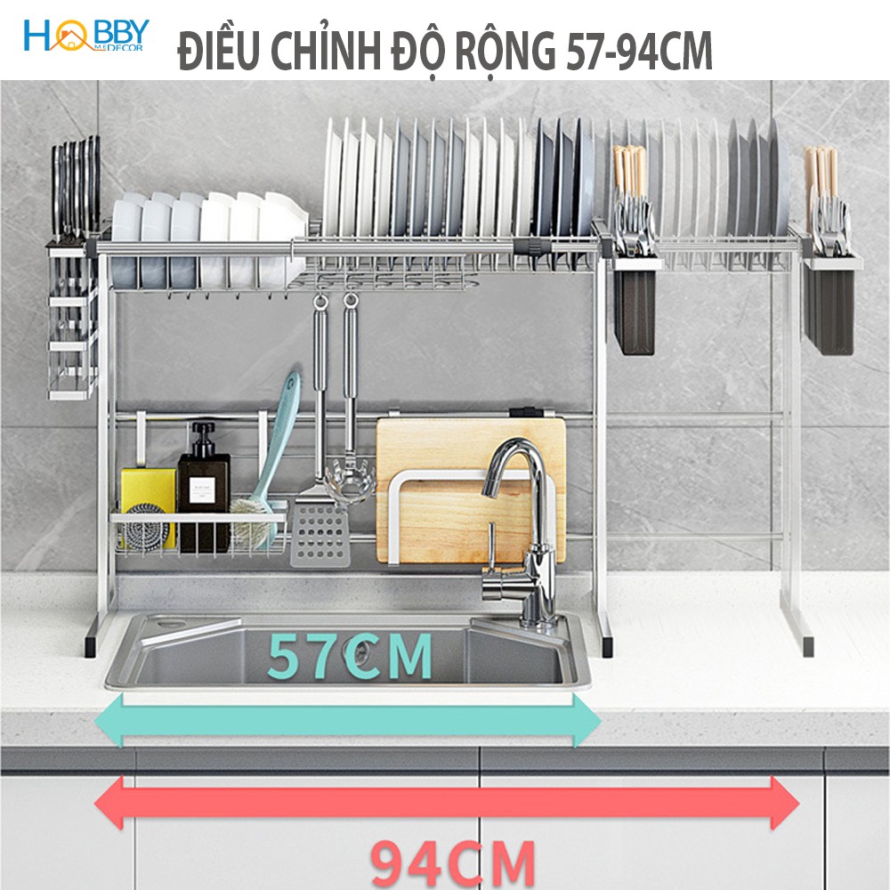 Kệ chén đa năng gác trên bồn rửa chén 6 ngăn inox 304 Hobby Home Decor KC6N co giãn bề ngang không rỉ sét