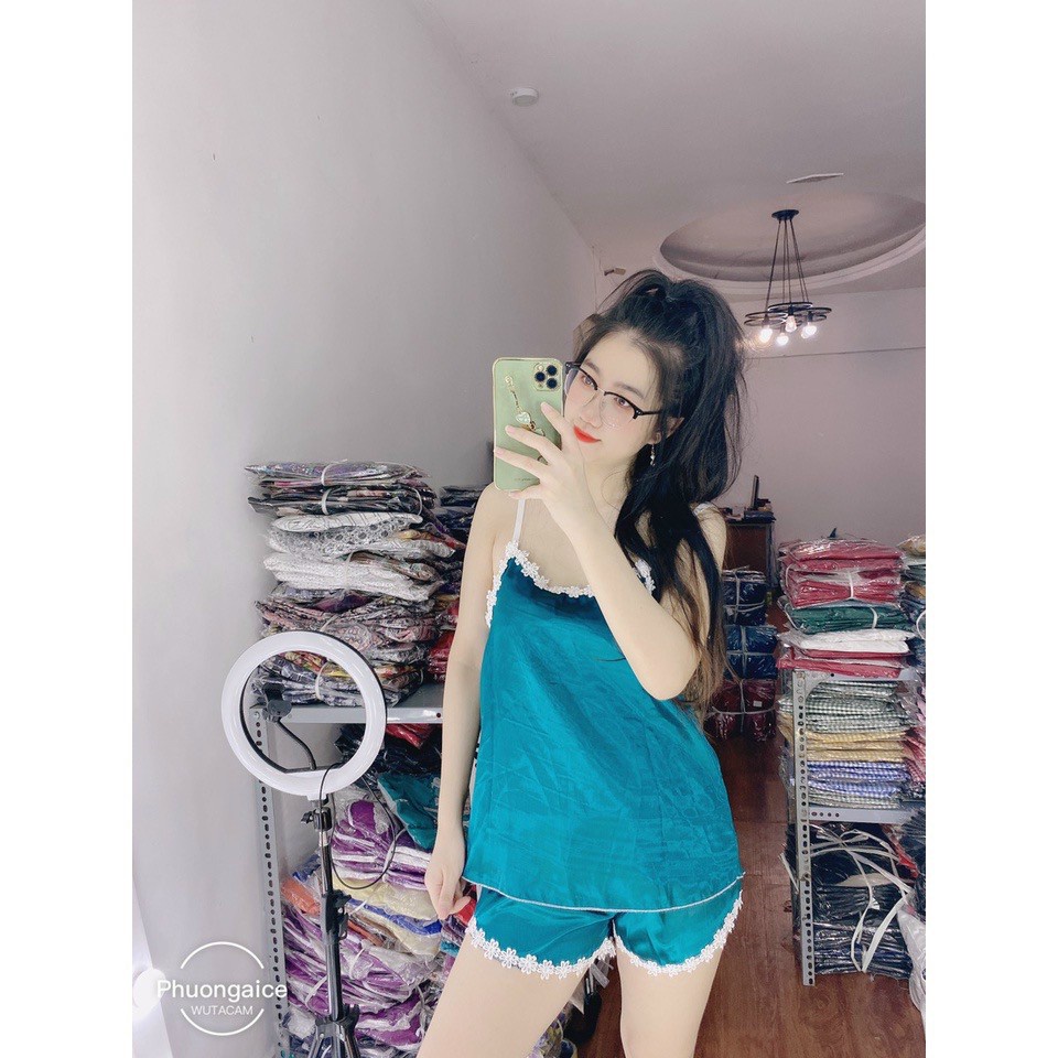 Đồ ngủ 2 dây bèo vai phối quần bèo vải phi lụa ngủ siêu mát họa tiết nhiều màu freesize dưới 56kg